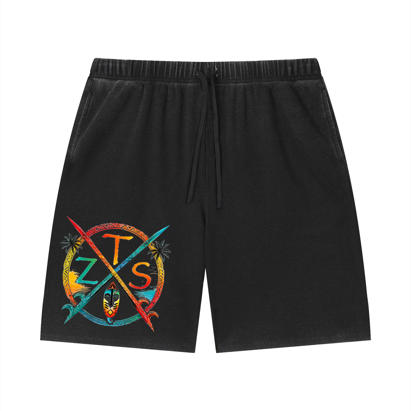 Zulu Tribal Vintage Wash Sunfade Waffle Raw Hem Shorts