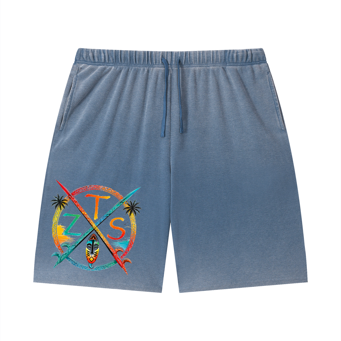 Zulu Tribal Vintage Wash Sunfade Waffle Raw Hem Shorts