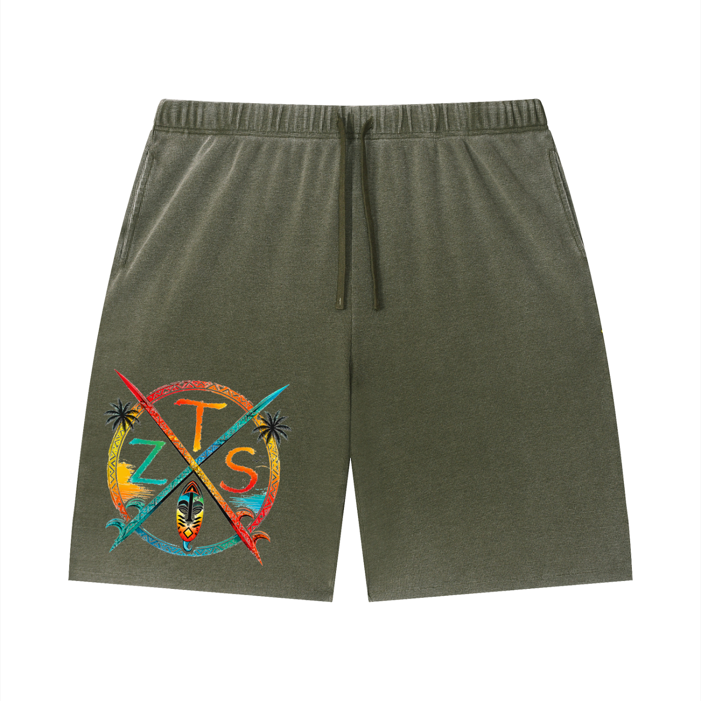Zulu Tribal Vintage Wash Sunfade Waffle Raw Hem Shorts