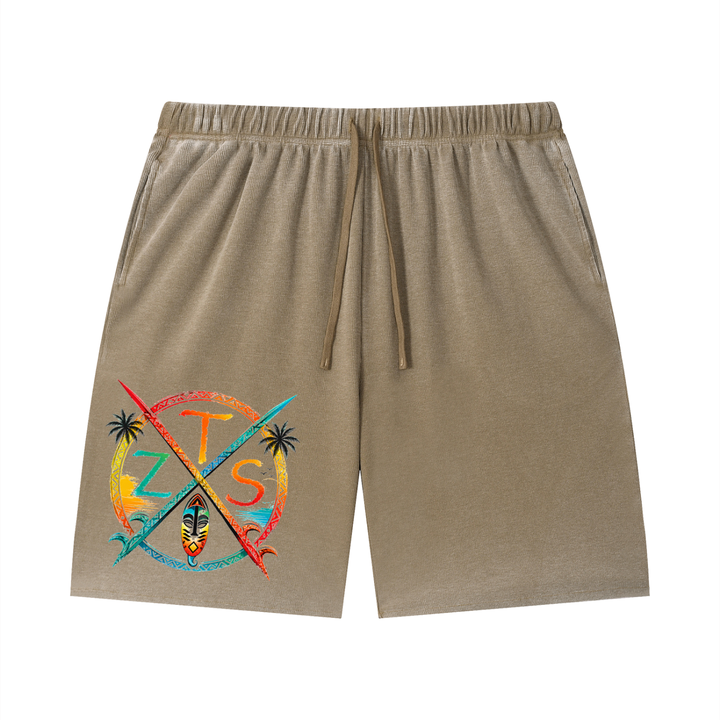 Zulu Tribal Vintage Wash Sunfade Waffle Raw Hem Shorts