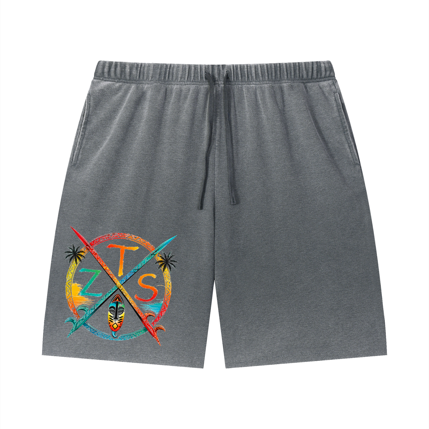 Zulu Tribal Vintage Wash Sunfade Waffle Raw Hem Shorts